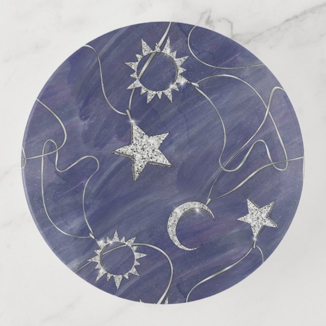 Charming Mystique | Silver Moon Stars Sun Amulet Trinket Tray (Front)