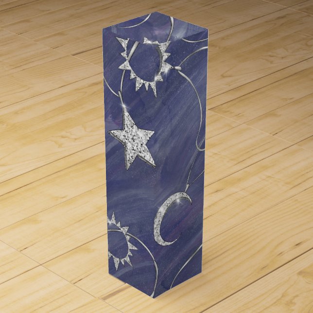Charming Mystique | Silver Moon Stars Sun Amulet Wine Box (Front)