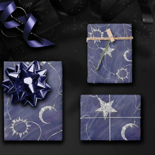 Charming Mystique Silver Moon Stars Sun Amulet Wrapping Paper Sheets