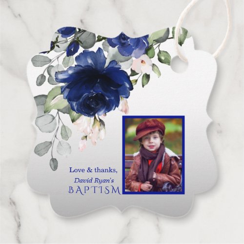 Charming Navy Blue Flowers Boy Photo Baptism Favor Tags
