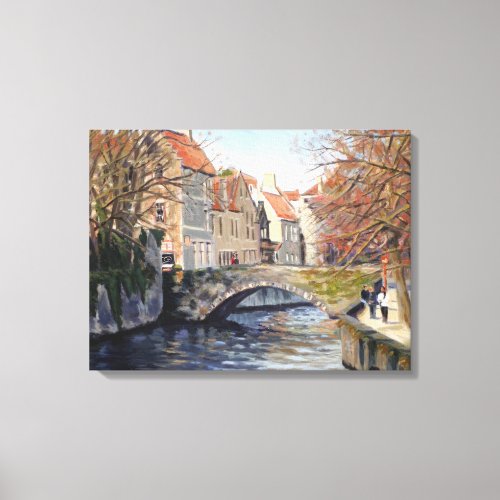 Charming Old Bridge Over Canal in Scenic Bruges Ca Canvas Print