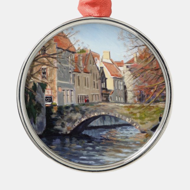 Charming Old Bridge Over Canal in Scenic Bruges Metal Ornament (Front)