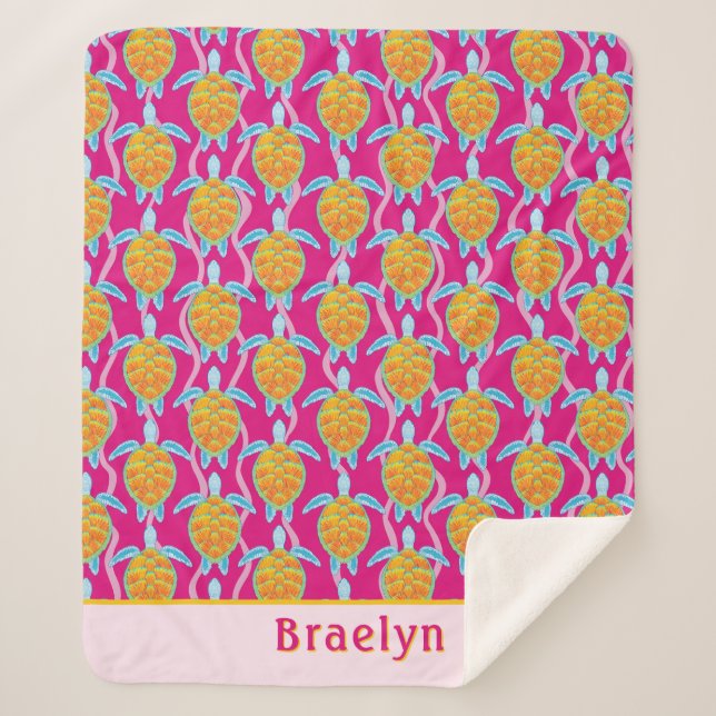 Charming Orange Pink Sea Turtle Art Sherpa Blanket (Front)