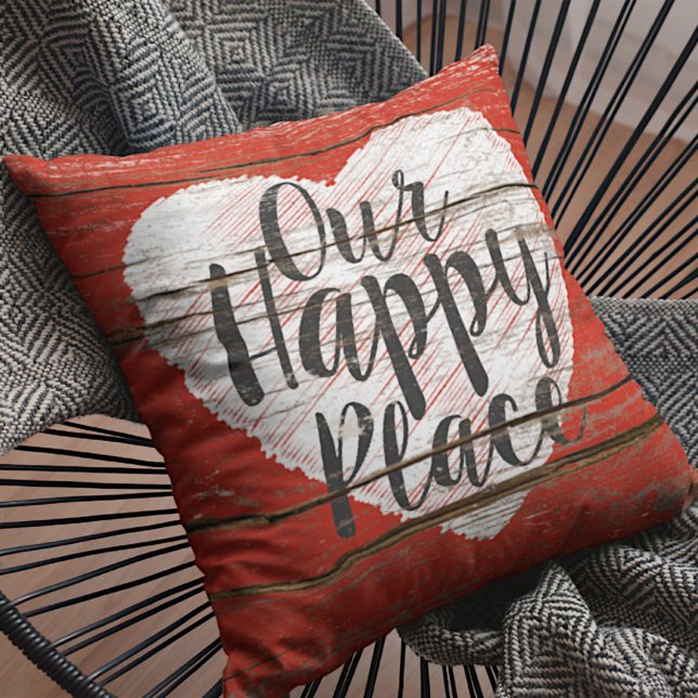 Charming Our Happy Place Quote Heart Outdoor Pillow (Creator Uploaded)