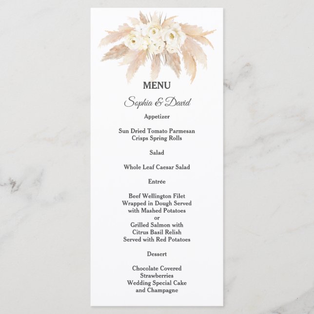 Charming Pampas Grass White Flowers Wedding Menu (Front)