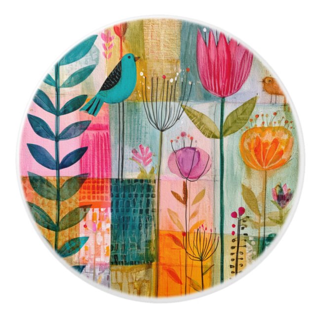 Charming Patchwork Bluebird Meadow Ceramic Knob (Front)