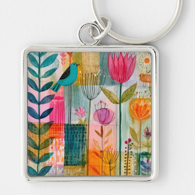 Charming Patchwork Bluebird Meadow Keychain (Front)