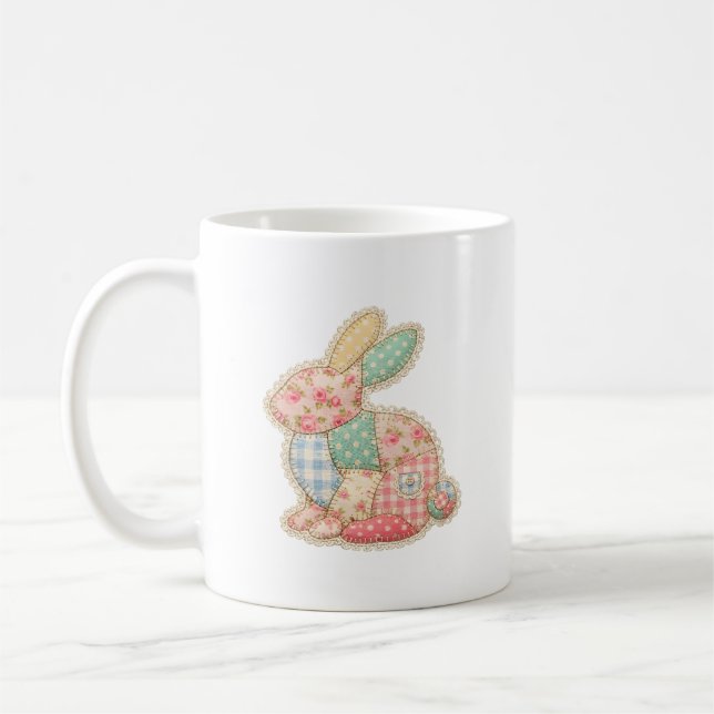 Charming Patchwork Bunny Illustration Coffee Mug (Left)
