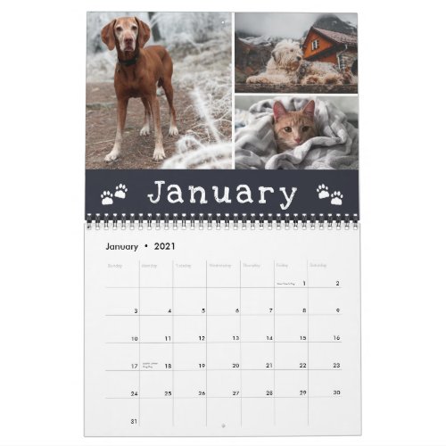 Charming Paw Prints Navy Months Pet Photo Collage Calendar