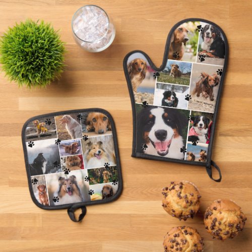 Charming Pawprints Pet Photo Collage Template Oven Mitt  Pot Holder Set