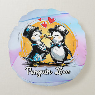 Charming Penguin Couple Round Pillow