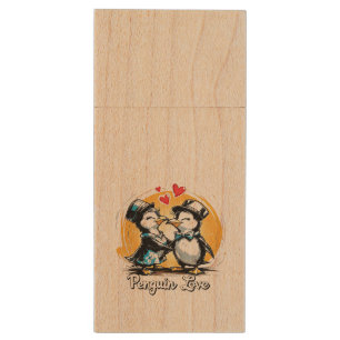 Charming Penguin Couple Wood Flash Drive