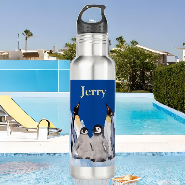 Charming Penguin Family with Name on Blue Stainles Stainless Steel Water Bottle (Creator Uploaded)