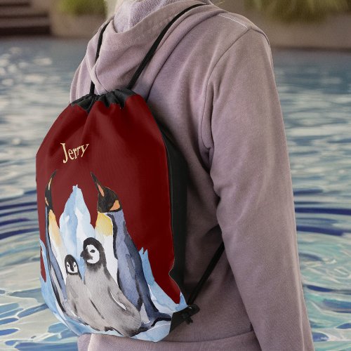 Charming Penguin Family with Name on Burgundy Draw Drawstring Bag