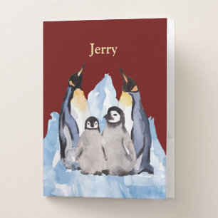 Charming Penguin Family with Name on Burgundy Pocket Folder
