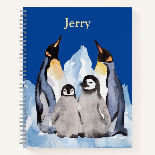 Charming Penguin Family with Name on Deep Blue Not Notebook (Front)