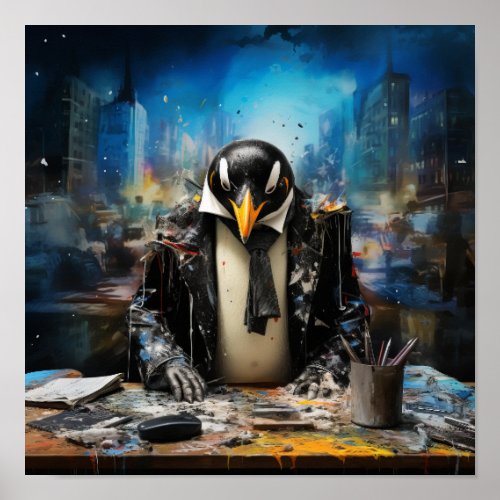 Charming Penguin in a Suit Poster _ Quirky Office 