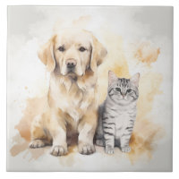 Charming Pet Friends Watercolor Ceramic Tile