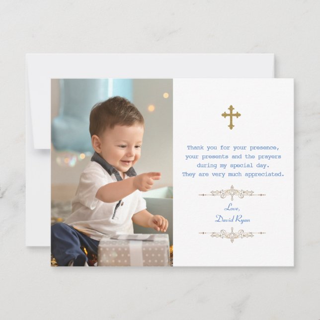 Charming Photo Boy Gold Cross Baptism Thank You Card (Front)