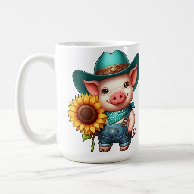 Charming Piglet in Cowboy Attire With Sunflower  Coffee Mug (Left)