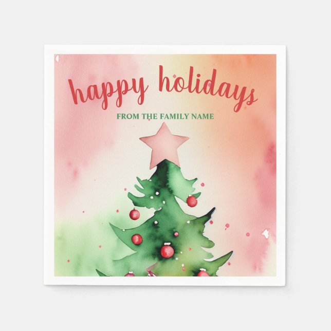 Charming Pine Tree & Red Ornaments Holiday Napkins (Front)