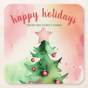 Charming Pine Tree & Red Ornaments Holiday Square Paper Coaster