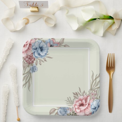 Charming Pink and Blue Floral Square Wedding Paper Plates