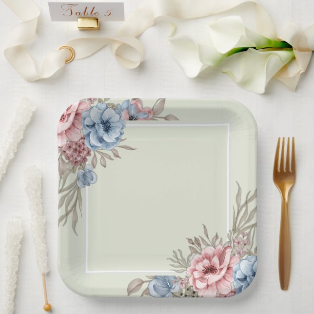 Charming Pink and Blue Floral Square Wedding Paper Plates (Wedding)