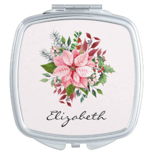 Charming Pink and Green Poinsettia Bouquet Square Compact Mirror