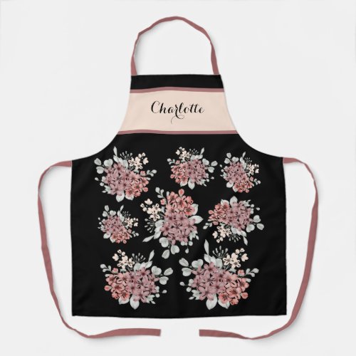 Charming Pink  Black Floral Bouquet Apron