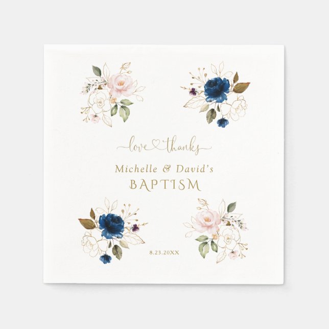 Charming Pink Blue Gold Floral Twins Baptism Napkins (Front)
