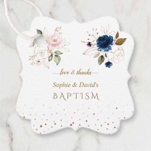 Charming Pink Blue Gold Flowers Twins Baptism Favor Tags