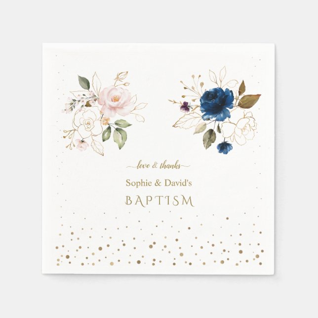 Charming Pink Blue Gold Flowers Twins Baptism Napkins (Front)