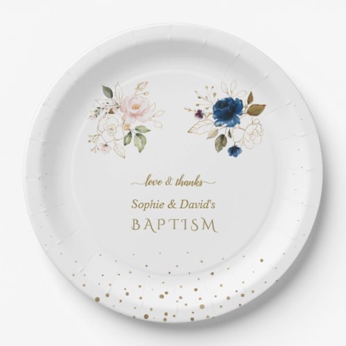 Charming Pink Blue Gold Flowers Twins Baptism  Squ Paper Plates