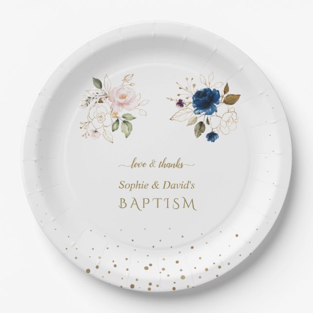 Charming Pink Blue Gold Flowers Twins Baptism  Squ Paper Plates (Front)