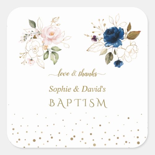 Charming Pink Blue Gold Flowers Twins Baptism  Square Sticker