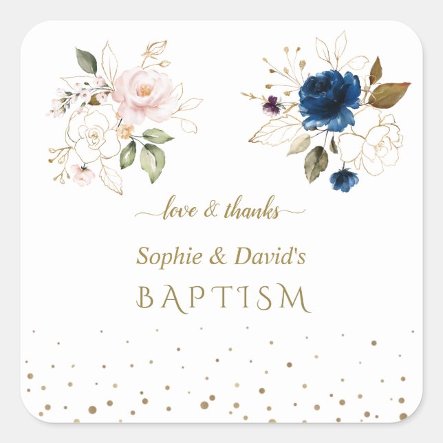 Charming Pink Blue Gold Flowers Twins Baptism  Square Sticker (Front)