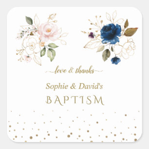 Charming Pink Blue Gold Flowers Twins Baptism Square Sticker