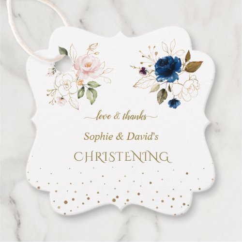 Charming Pink Blue Gold Flowers Twins Christening Favor Tags
