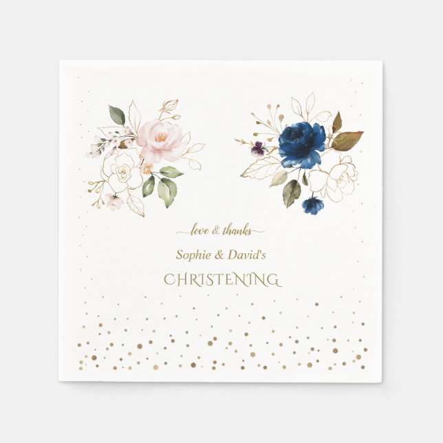 Charming Pink Blue Gold Flowers Twins Christening Napkins (Front)