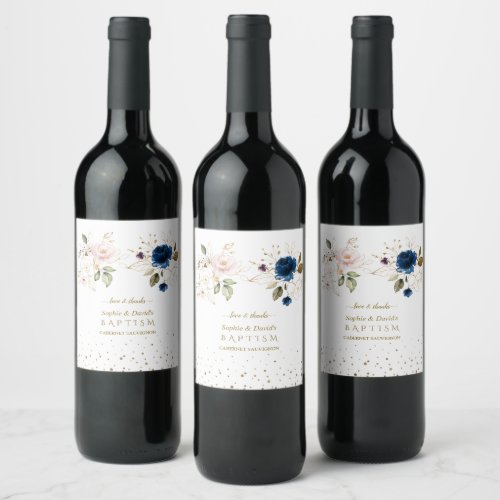 Charming Pink Blue Gold Flowers Twins Christening Wine Label