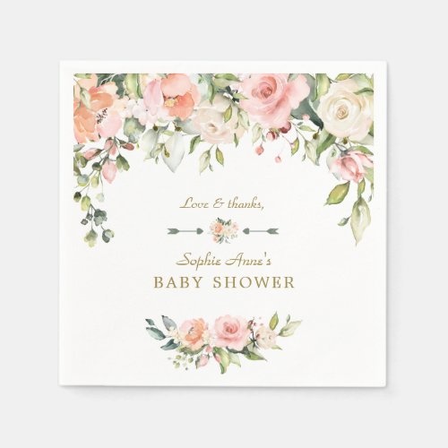 Charming Pink Blush Cream Flowers Baby Shower Napkins