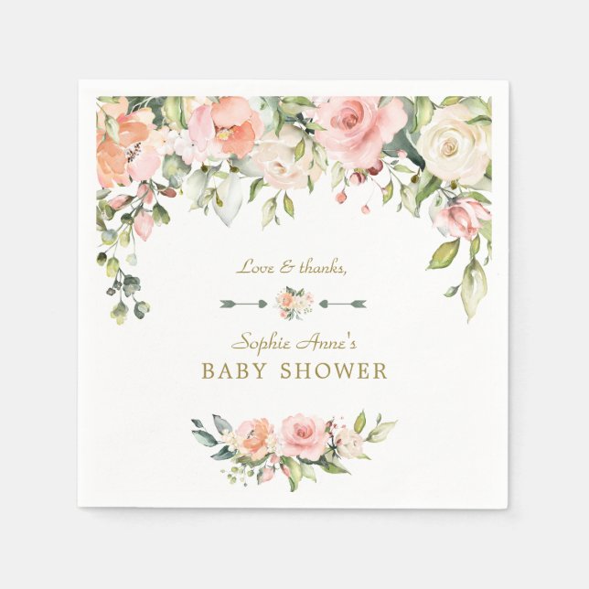 Charming Pink Blush Cream Flowers Baby Shower Napkins (Front)