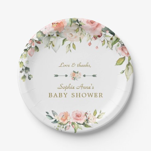 Charming Pink Blush Cream Flowers Baby Shower Paper Plates