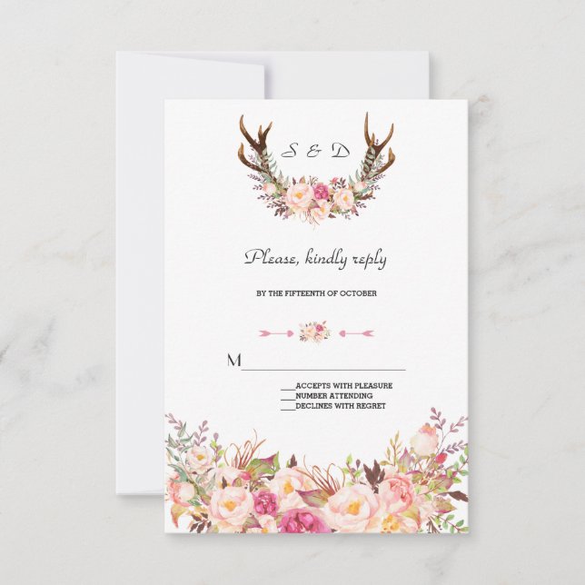 Charming Pink Blush Floral Antlers Wedding RSVP Card (Front)