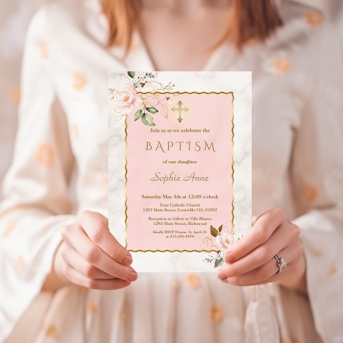 Charming Pink Blush Gold Flowers Marble Baptism Invitation