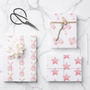 Charming Pink Bunny,Balloons,Stars Wrapping Paper Sheets