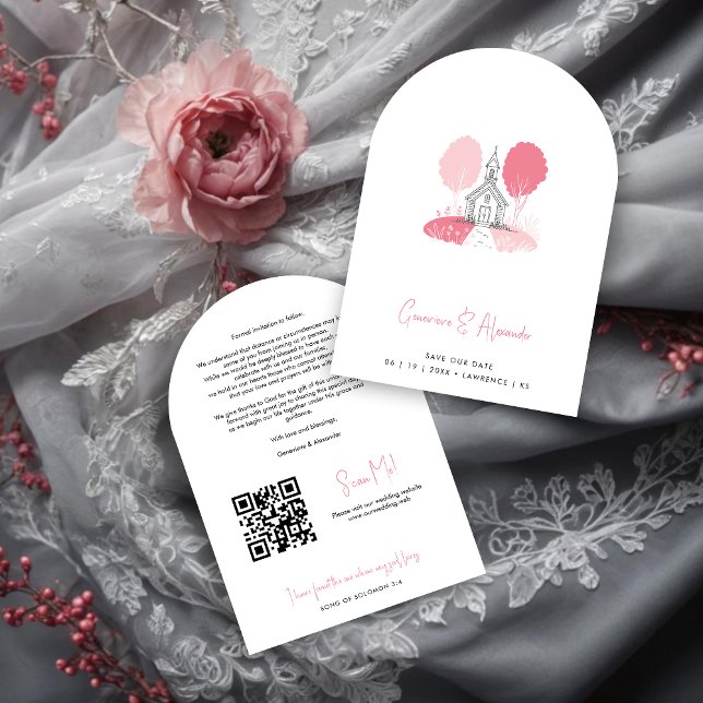 Charming Pink Church Design Christian Wedding Save The Date (Charming Pink Church Illustration Christian Wedding Save the Date Cards.)