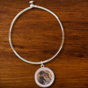 Charming Pink Couple Monogram Photo Bangle Bracelet