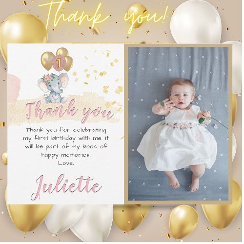 Charming Pink Elephant Photo First Birthday Girl Thank You Card